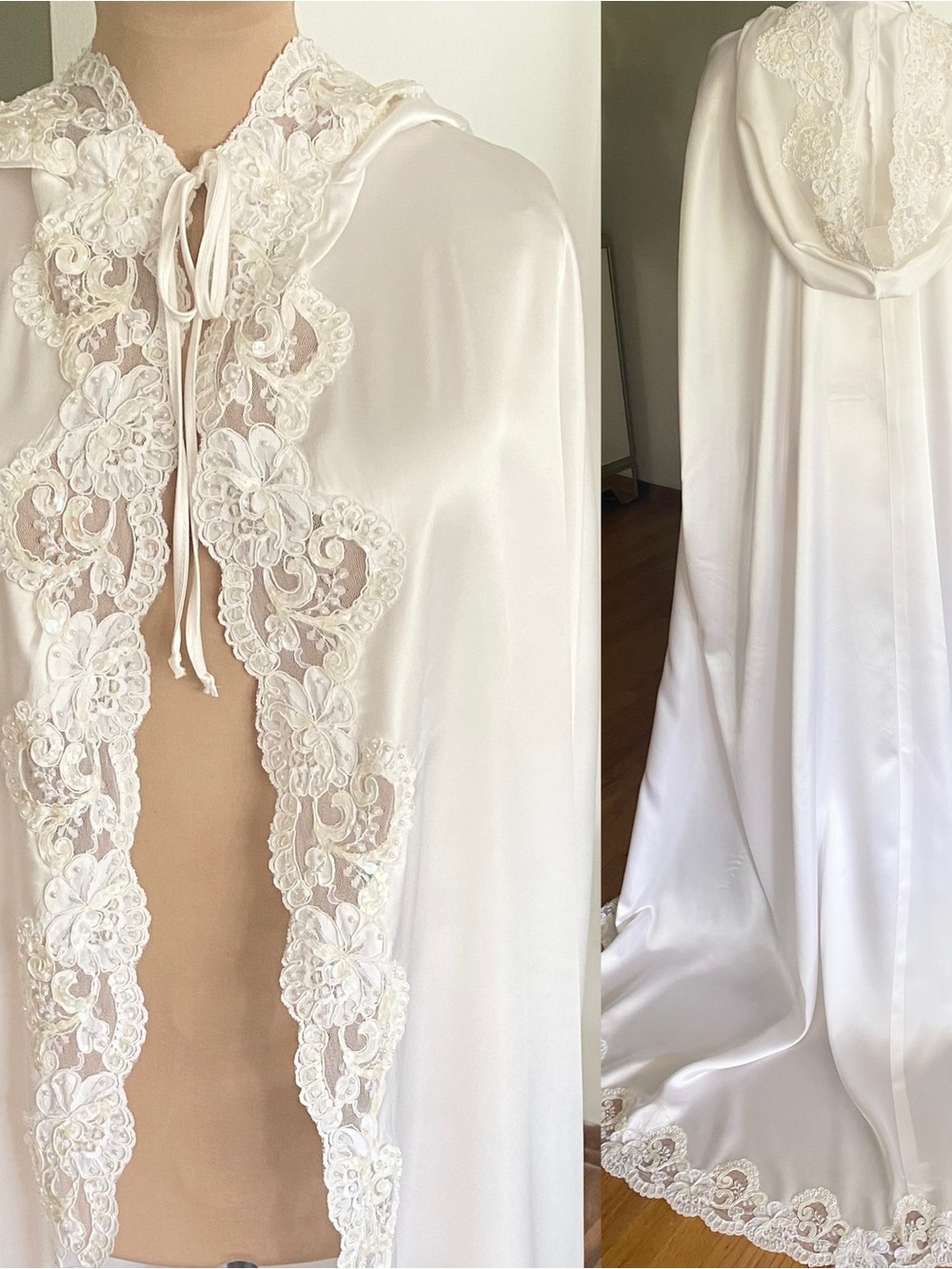 Vintage-Inspired Hooded Satin Bridal Cape *One Size* Pearl Embellished Sequin